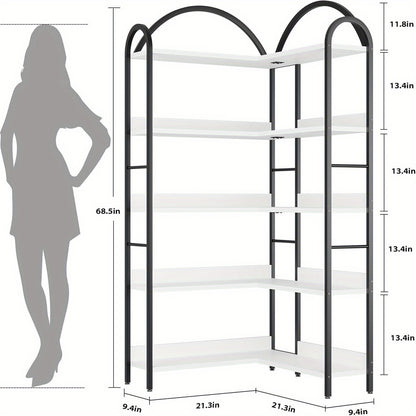 Boekenplank – Boekenrek – Wandplank – Boekenhouder – Boekenkast – Industrieel Metalen Hoekrek – 5-Lagen Boogvormige Planken – Vrijstaand en Stevig A-Frame Design