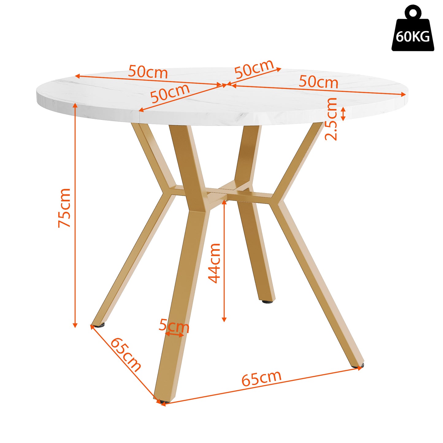 Modern BTM Round Dining Table, Marble Table with Marble Optic Table Top, Stable X-Shaped Metal Frame, Dining Table for 2-4 People, Ø100 Cm, White/Black