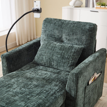 Loungestoel – Relaxstoel – Fauteuil – Leunstoel – Chenille Stoel – Inklapbaar & Ruimtebesparend – Zachte Chenille Bekleding & Telefoonhouder Met Opbergruimte