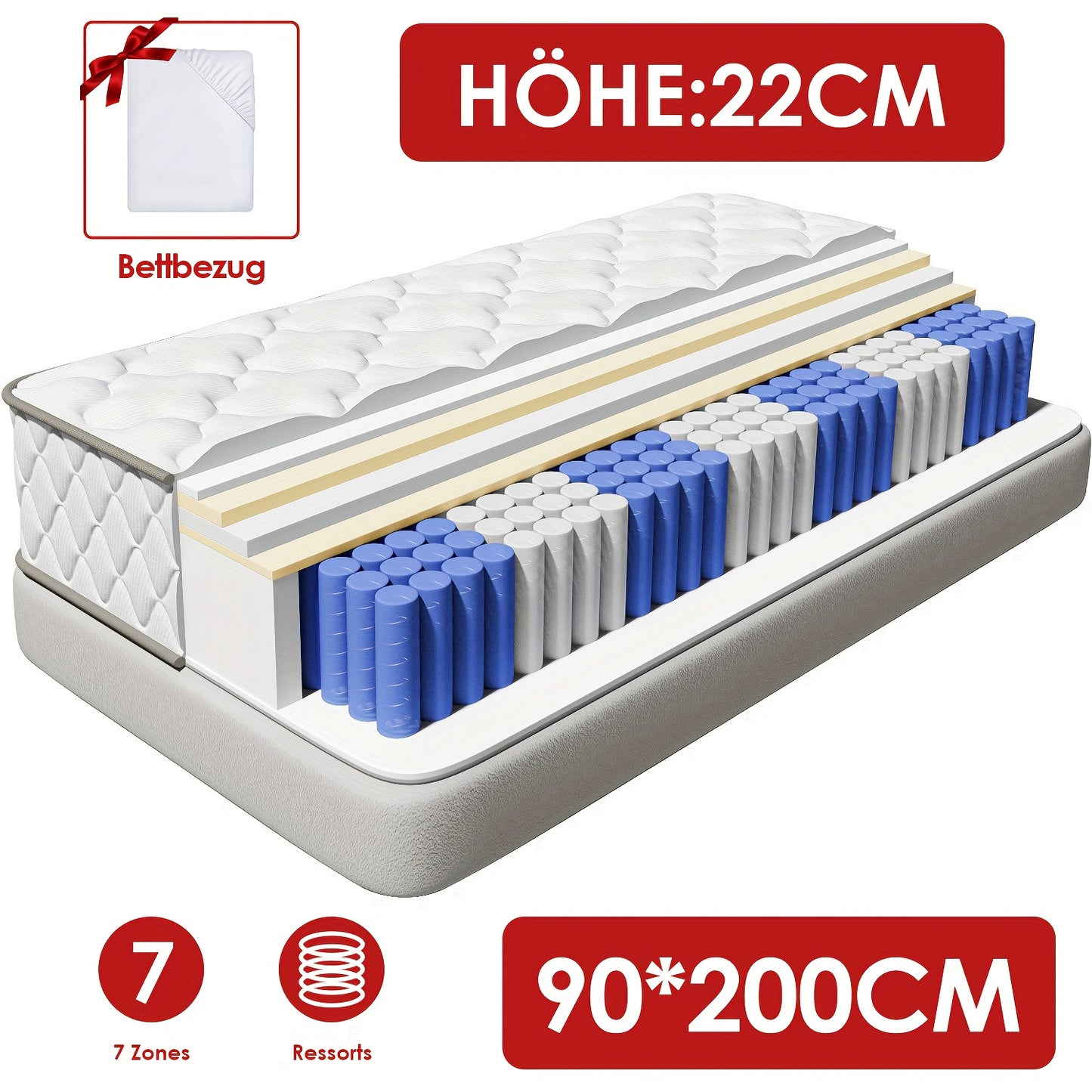 Gronfont Mattress 90x200/140x200 Cm, Pocket Spring Mattress, Ergonomic 7-zone Mattress, Height 22cm, (breathable), Spring Mattress With Fitted Sheet, Firmness Grade H3, Mattress For Adults
