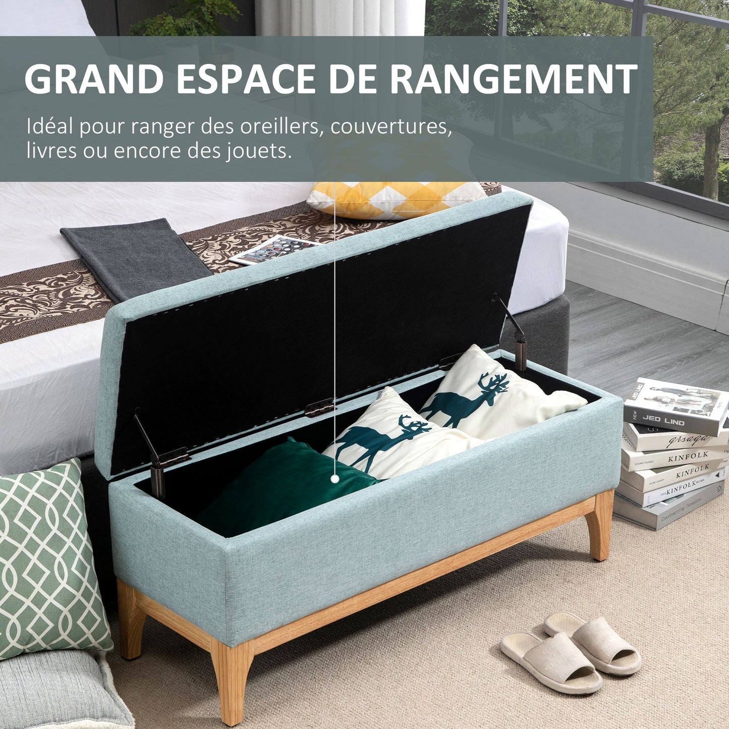 Opbergbank – Zitbank – Opbergkist – Halbank – Opbergbox – Scandinavisch Design – Ruime Opbergruimte 110x39x45 cm – Aqua Groen Stof