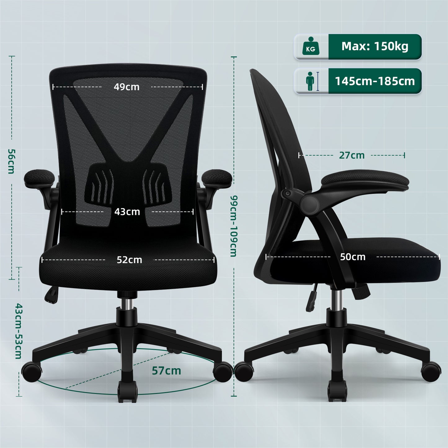 AIIDO Ergonomic Office Chair with Breathable Mesh Backrest, Foldable & Adjustable Armrests, Pressure-Relieving Memory Foam Seat – Tilt Adjustment, Sturdy 5-Wheel Base, 150kg Capacity – Perfect for Long Hours at Home, Desk