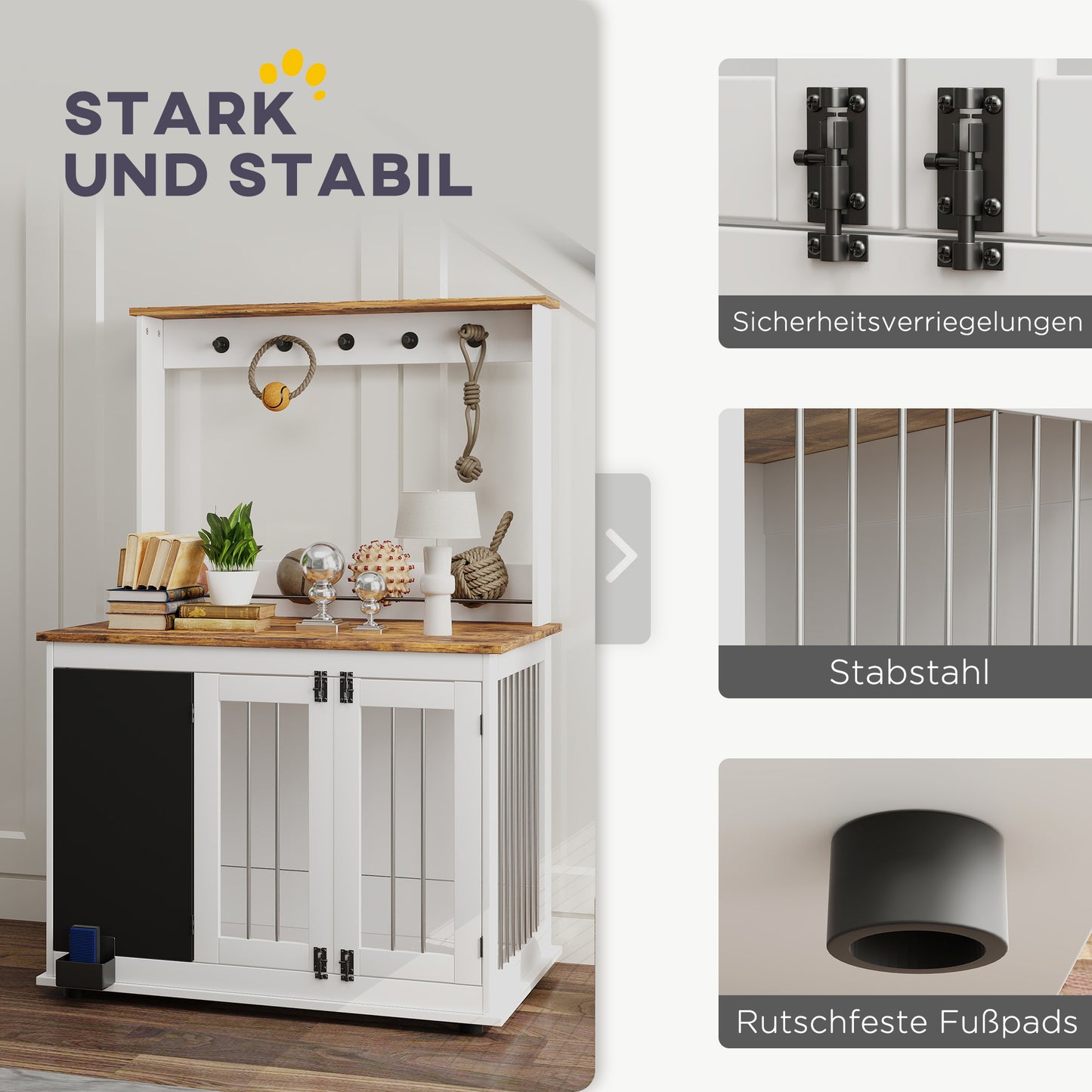 Hondenbench – Hondenkooi – Hondenhok – Doggy Kennel – Hondenren – Grote Hond Tot 30 kg – Opbergplank Met Speelplek – Wit