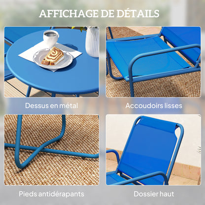 Tuinset – Tuinmeubilair – Terrasset – Bistroset – Loungeset – 2 Stoelen en Ronde Tafel – Stalen Frame en Ademend Textileen – Donkerblauw