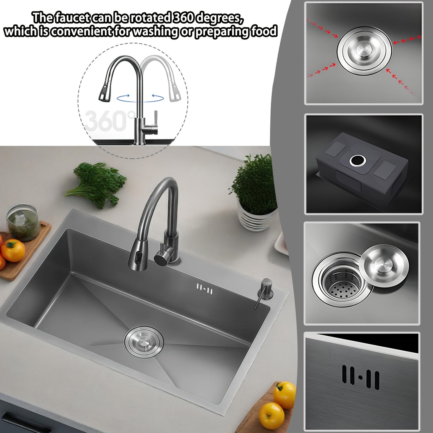 Keukenspoelbak – Spoelbak – Enkele Wasbak – Gootsteen – Keukenbak – Groot 80x50 cm – Roestvrij Staal – Uittrekbare Kraan & Zeeppomp