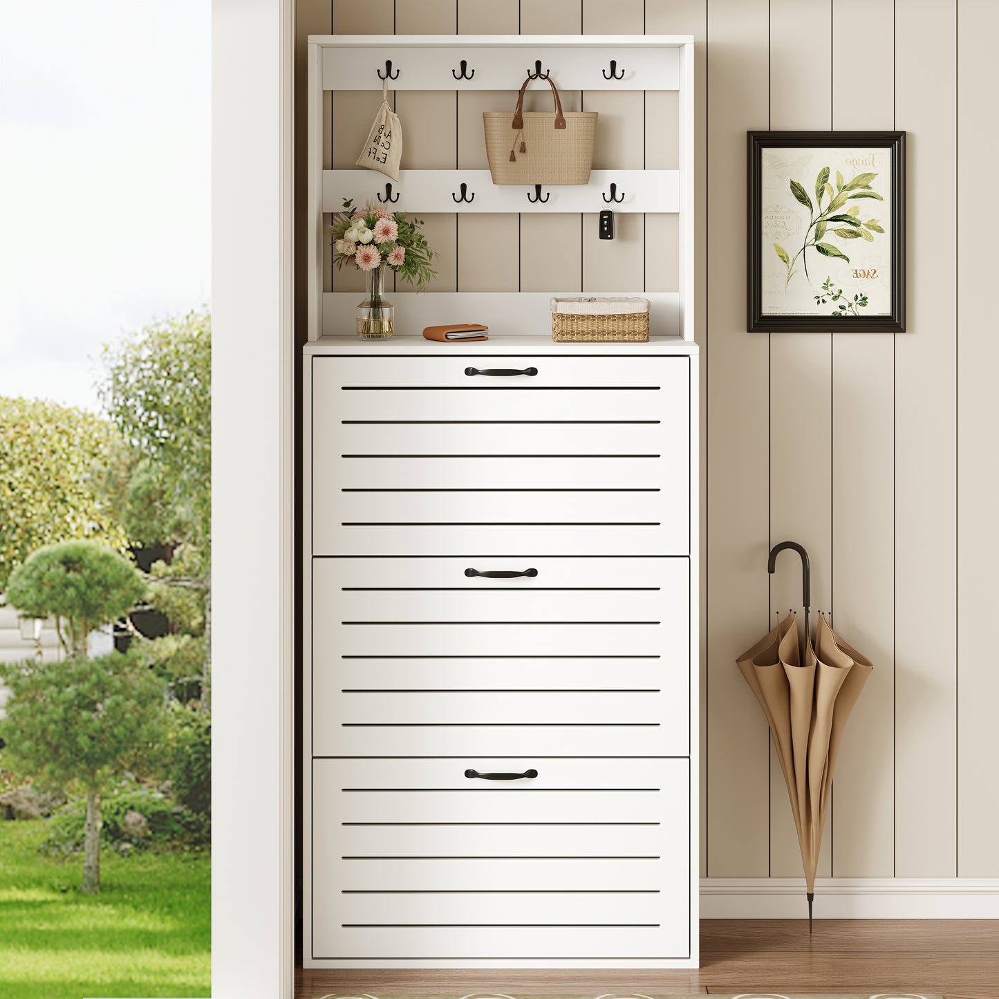 Haltafel – Sidetable – Wandtafel – Bijzettafel – Opbergkast – Wit – Verticale Ruimtebesparende Opberger – 3 Flipdeuren Met 8 Haken – 3,2+ Kubieke Voet Opbergruimte
