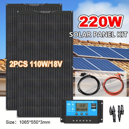 Zonnepaneel – Zonnepanelen Set – Solar Panel Kit – Flexibel Zonnepaneel – 220W 12V – Monokristallijn – Lichtgewicht – Flexibel Ontwerp