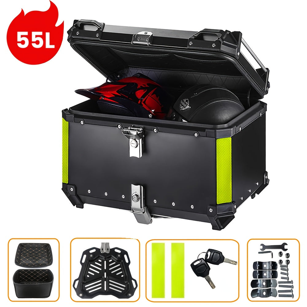 Aluminum Alloy Motorcycle Helmet Box with Lock - Durable Top Tail Luggage Storage Tool Box for Yamaha, for HONDA, for BMW & Most Motorcycles, Black with Neon Green Accents, Includes Mounting Hardware & Accessories, Motorcycle
