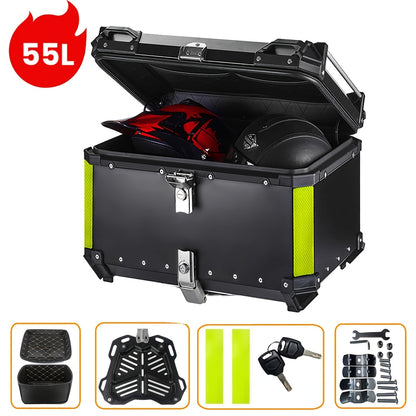 Aluminum Alloy Motorcycle Helmet Box with Lock - Durable Top Tail Luggage Storage Tool Box for Yamaha, for HONDA, for BMW & Most Motorcycles, Black with Neon Green Accents, Includes Mounting Hardware & Accessories, Motorcycle