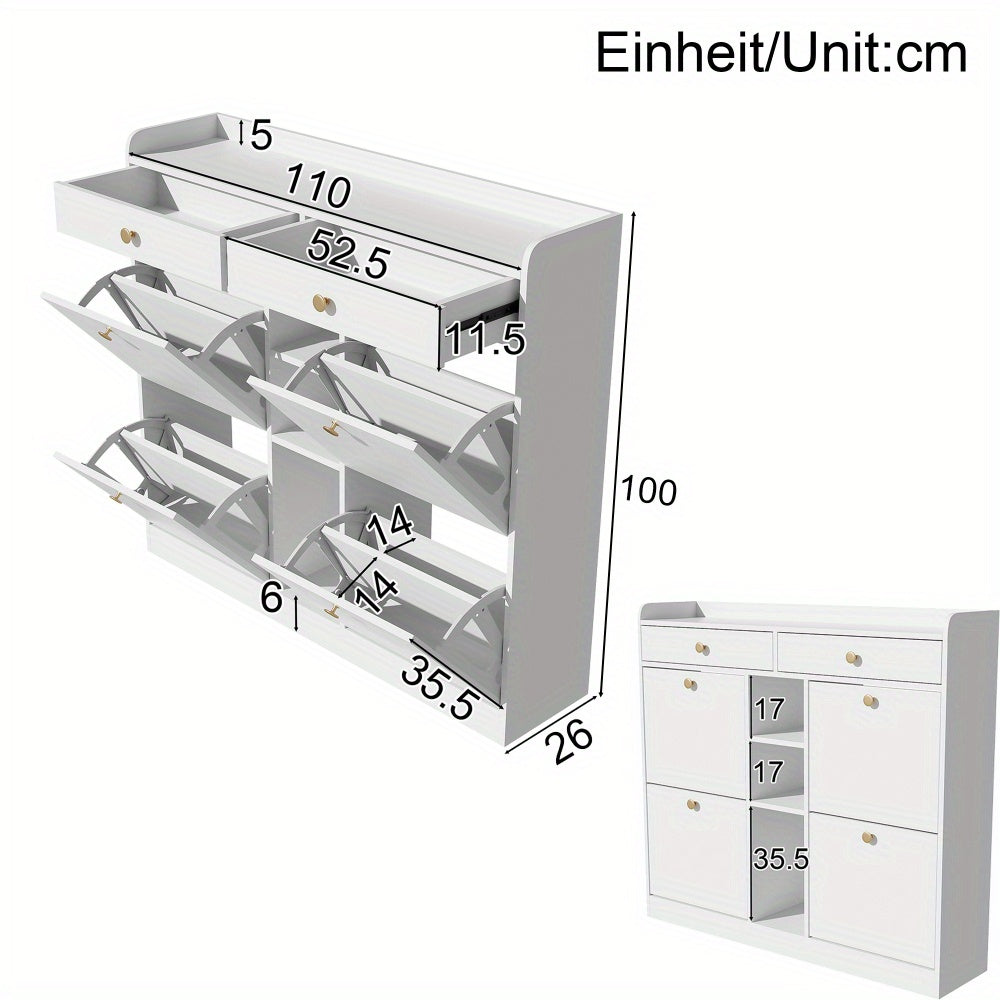 Schoenkast met 4 Openslaande Deuren & 2 Laden – 110 × 26 × 100 cm – Modern Opbergmeubel voor Hal, Woonkamer of Gang