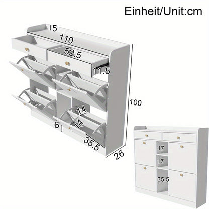 Schoenkast met 4 Openslaande Deuren & 2 Laden – 110 × 26 × 100 cm – Modern Opbergmeubel voor Hal, Woonkamer of Gang