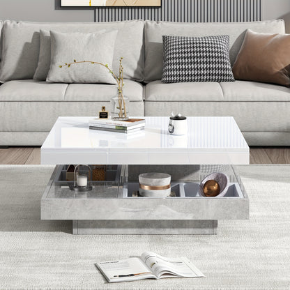 Coffee Table, Functional Double Coffee Table, High-gloss Tabletop Tabletop can be swivelled 360°, Double Swivel Tabletop with Storage Compartment, 70*70*36cm
