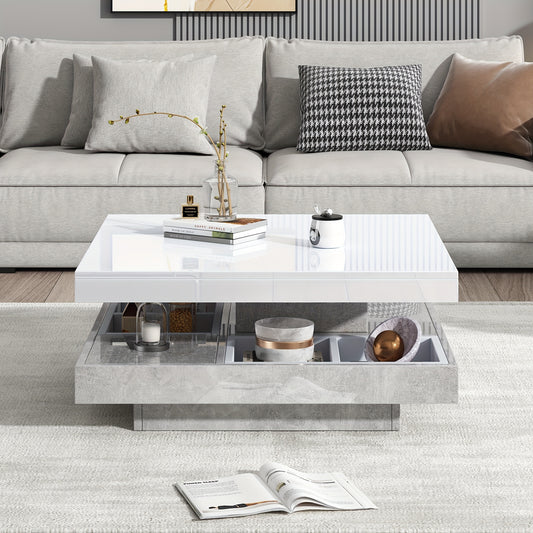Coffee Table, Functional Double Coffee Table, High-gloss Tabletop Tabletop can be swivelled 360°, Double Swivel Tabletop with Storage Compartment, 70*70*36cm