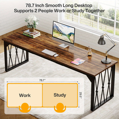 Bureau – Bureaumeubel – Schrijftafel – Werktafel – Computertafel – Verstelbaar In Hoogte – Stevig Met Bruin Gelamineerd Houtblad En Zwart Metalen Frame – 198 cm Lang