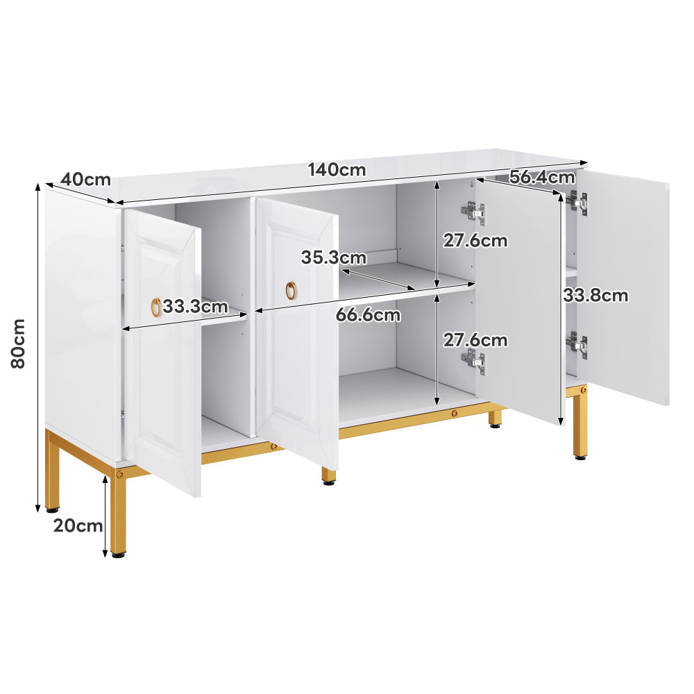 Dressoir – Sideboard – Opbergkast – Ladekast – Wandkast – Hoogglans Wit – Gouden Accenten – 140x80x40 cm – Ruime Opbergruimte