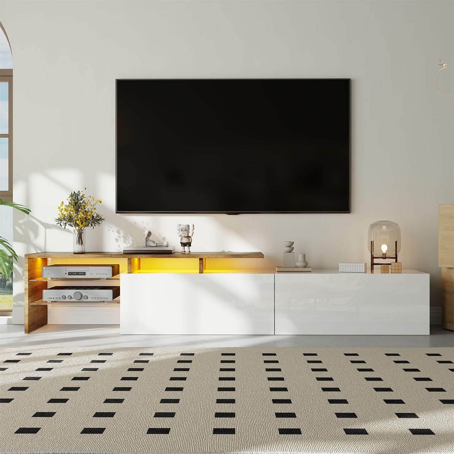 Contemporary TV Unit Design: Chic And Sophisticated, Functional Storage Options, Glossy White Finish, Wood Appearance, Glass Shelving.