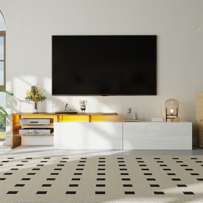 Contemporary TV Unit Design: Chic And Sophisticated, Functional Storage Options, Glossy White Finish, Wood Appearance, Glass Shelving.