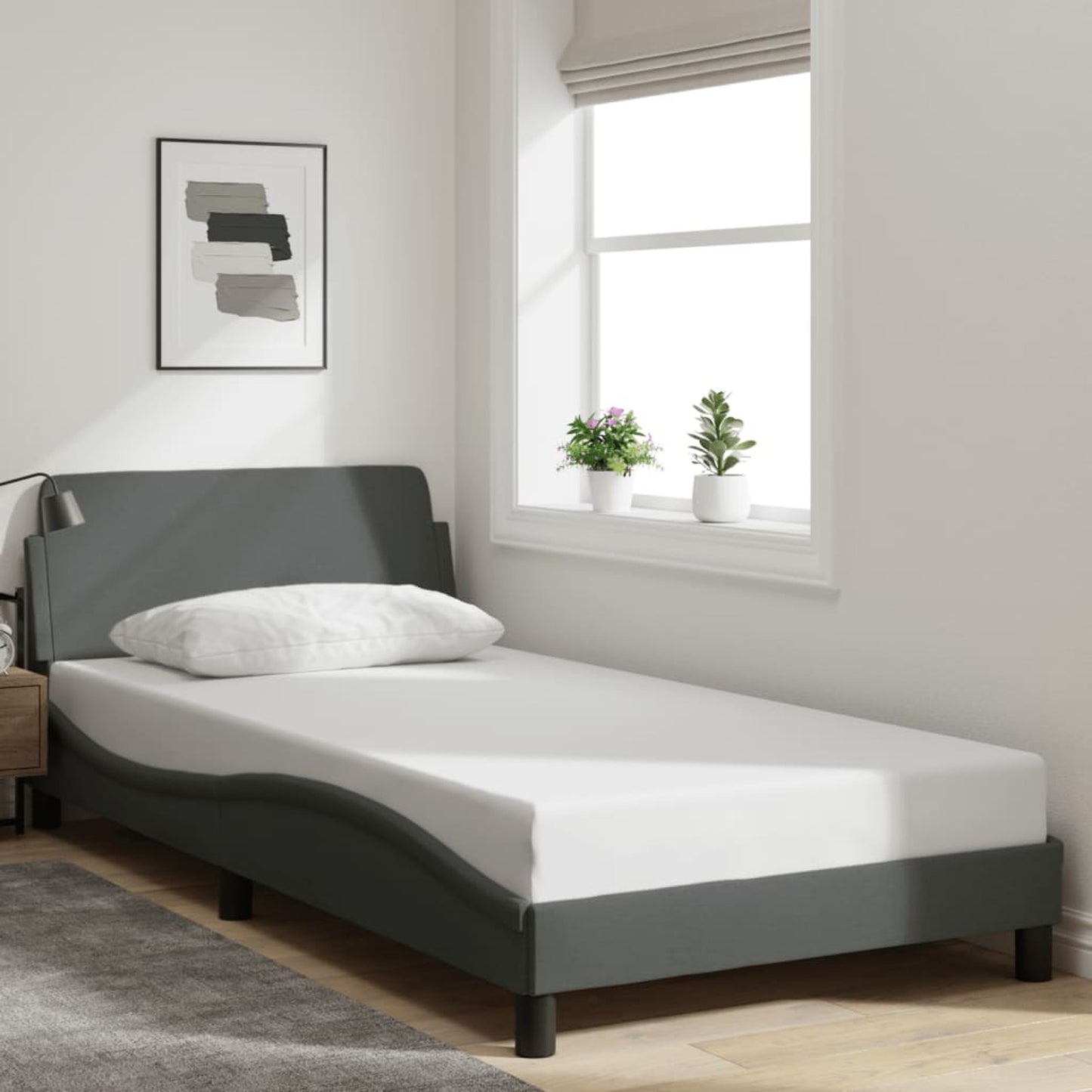 Bed frame without mattress dark grey 100x200 cm fabric with Slat Support Platform Bed Frame Suitable for Mattress Size 100 x 200 cm for Bedroom Style D