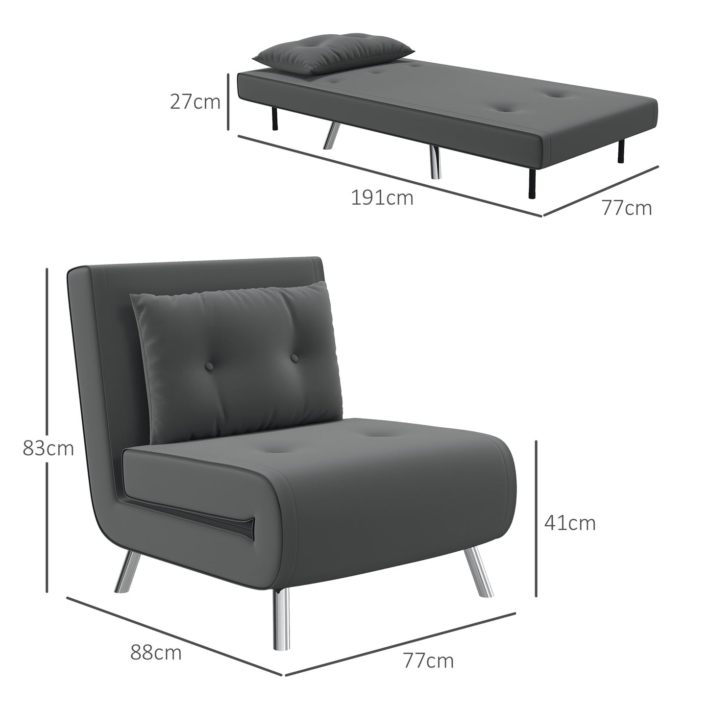 Slaapfauteuil – Relaxstoel – Bedfauteuil – Gastenbed – Velours Fauteuil – Donkergrijs – 3-stand Verstelbare Rugleuning – Compact 77x88x83 cm