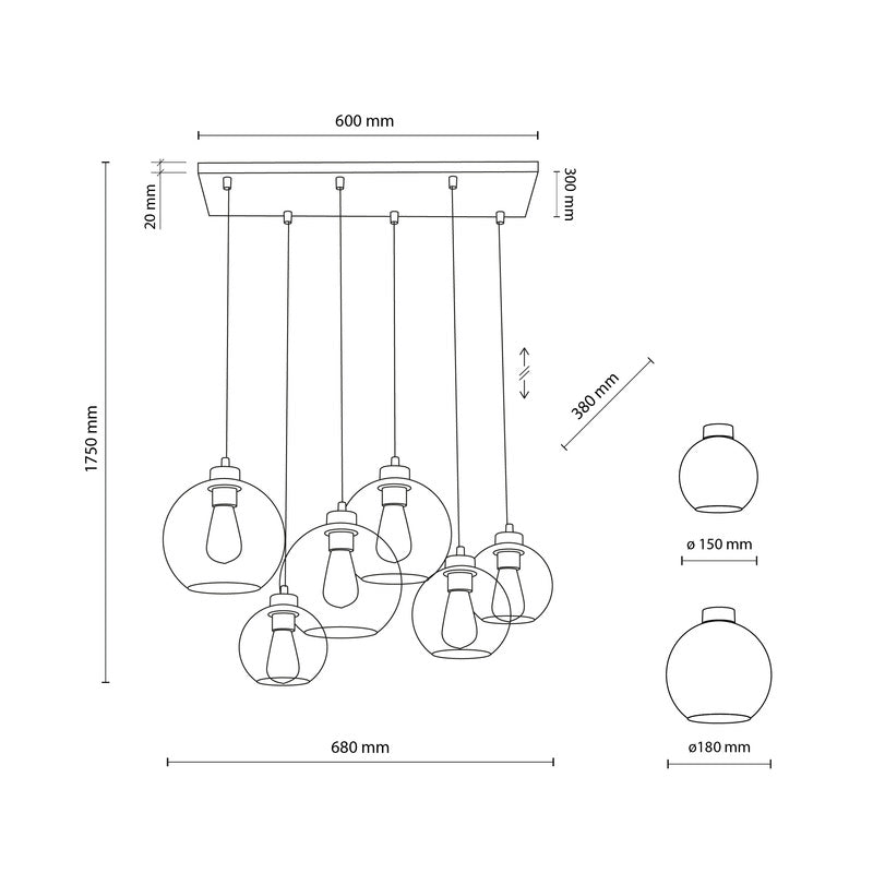 Hanglamp – Hanglampen – Pendellamp – Plafondlamp – Lamp – Set van 6 – Helder glas – Metalen voet