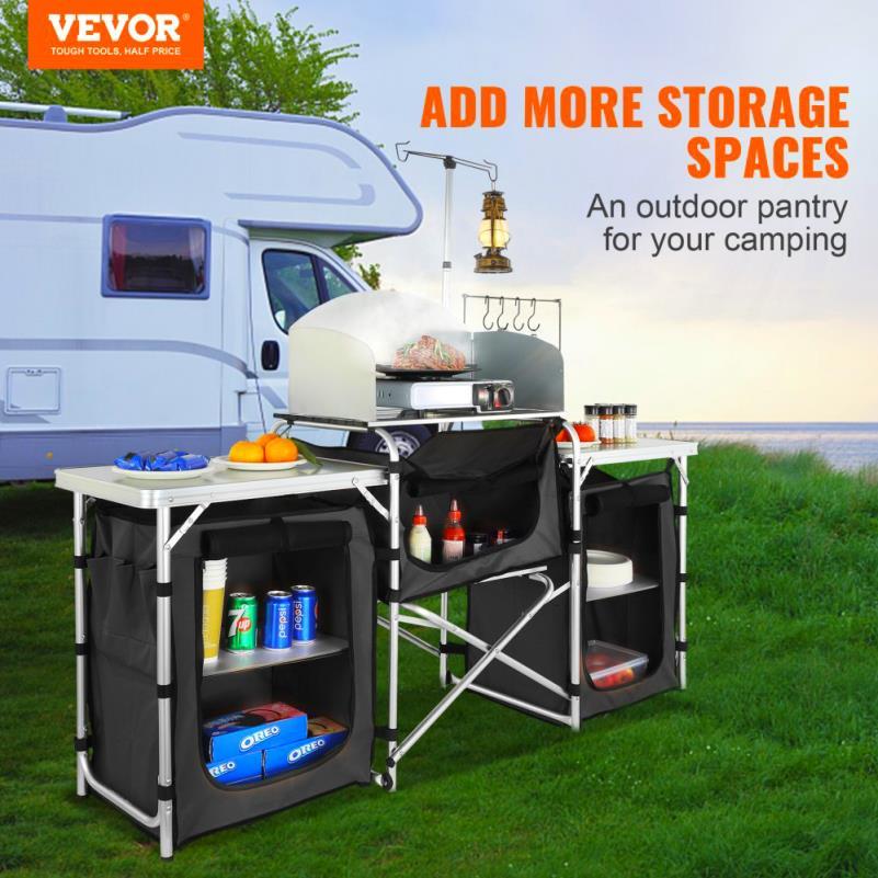 Folding Outdoor Cooking Table with Storage Carrying Bag Aluminum Camp Kitchen Station with Cupboards and Detachable Windscreen Quick Setup for Picnics BBQ RV Travel Black