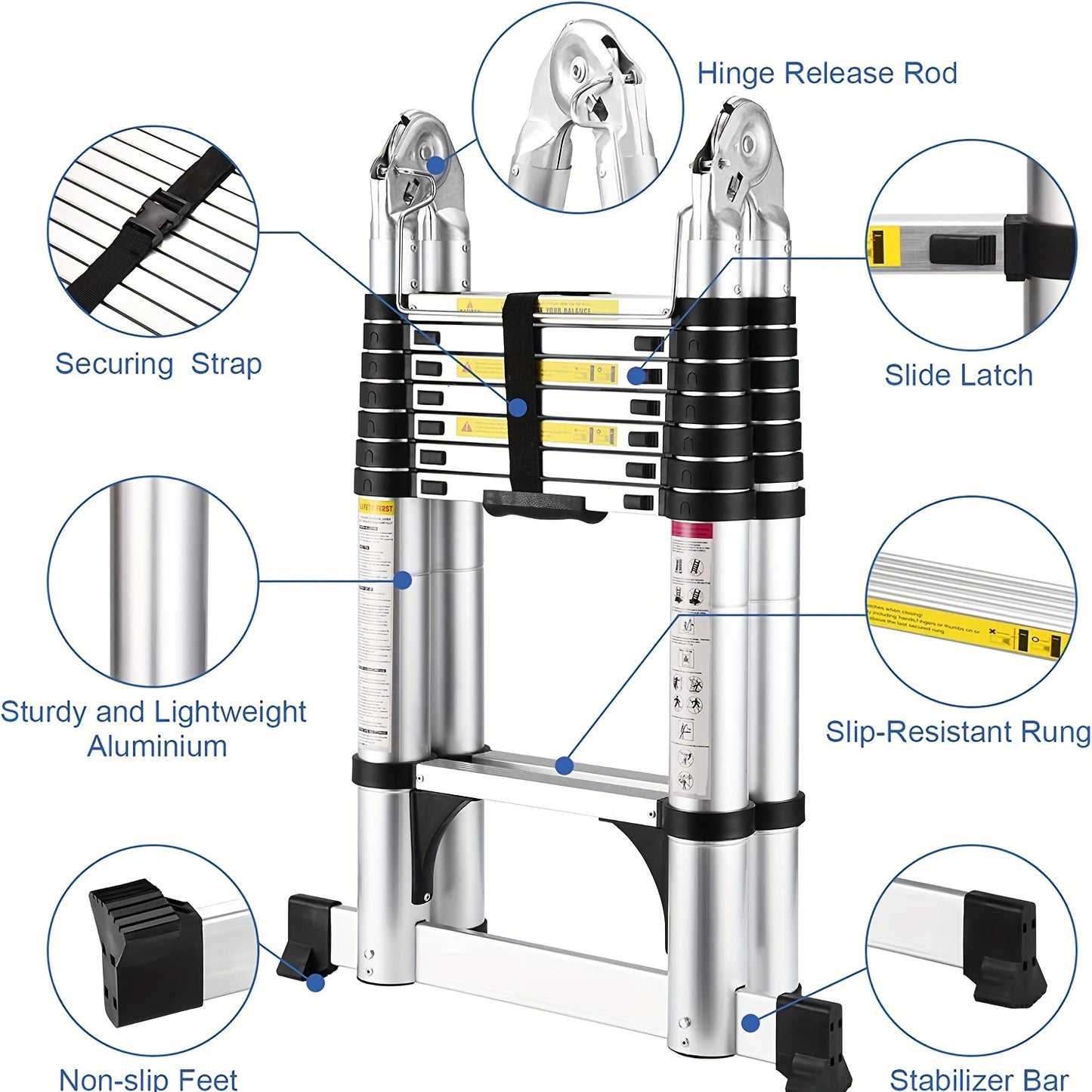 Uitklapladder – Vouwladder – Uitschuifladder – Telescopische Ladder – Trapladder – 5 Meter Lengte – Lichtgewicht Aluminium – Max Belastbaarheid 150 kg