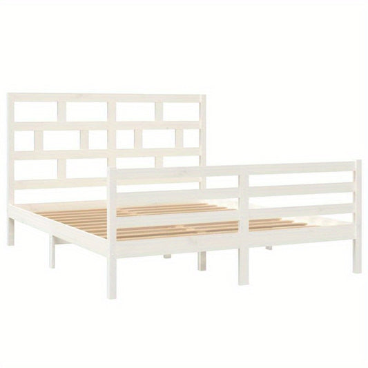 Bedframe – Bed – Ledikant – Slaapkader – Bedromp – Massief Hout – 160x200 cm – Wit Met Baksteenpatroon Hoofdbord – Eenvoudige Montage