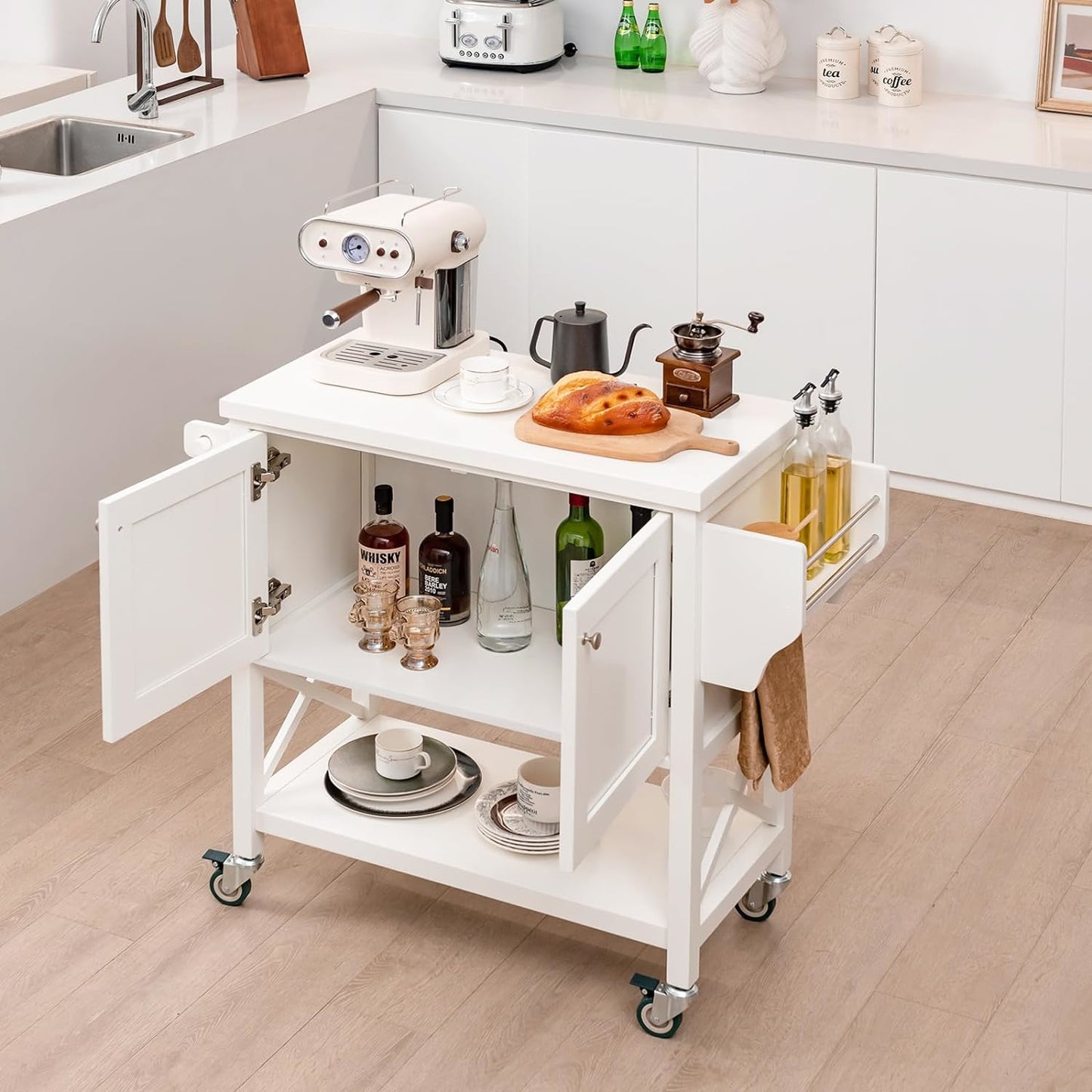Keukenwagen – Keukentrolley – Mobiele Werkbank – Keukenkar – Keukenmeubel – MDF Met Waterbestendig Werkblad – Inclusief Handdoekrek En Wieltjes