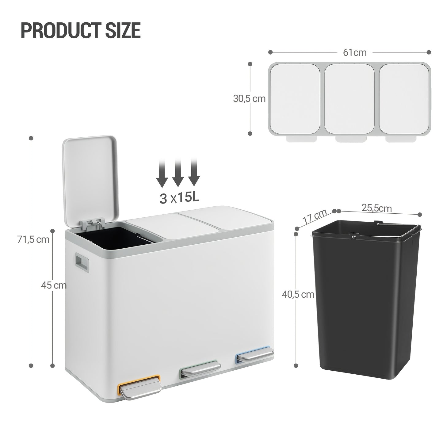 Kitchen Rubbish Bin, Waste Separation System, 3 Compartments, 45L (3 X 15L), Stainless Steel Kitchen Rubbish Bin, Pedal Bin with Colour-Coded Pedals, Rubbish Bin, Quiet Slow Descent, Black, Household Waste Management, Kitchen
