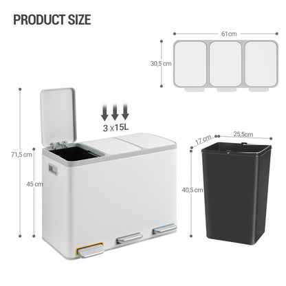 Kitchen Rubbish Bin, Waste Separation System, 3 Compartments, 45L (3 X 15L), Stainless Steel Kitchen Rubbish Bin, Pedal Bin with Colour-Coded Pedals, Rubbish Bin, Quiet Slow Descent, Black, Household Waste Management, Kitchen