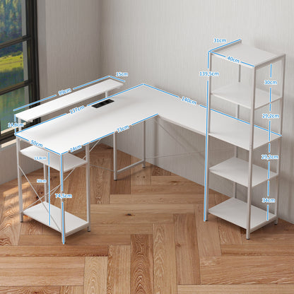 L-vormig Bureau – Hoekbureau – Computertafel – Werkplekbureau – Bureau met Oplaadstation – Wit – Inclusief Monitorstandaard en Opbergruimte