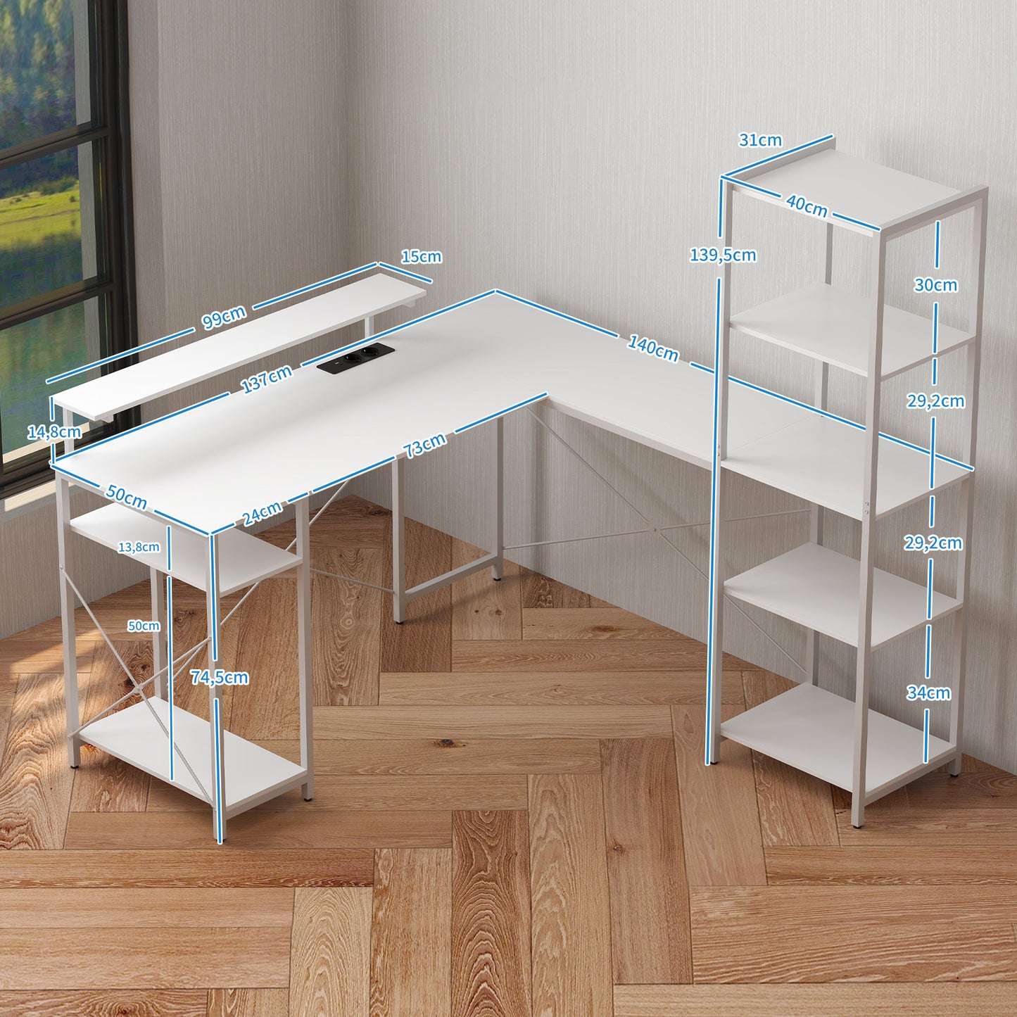 L-vormig Bureau – Hoekbureau – Computertafel – Werkplek Bureau – Laptoptafel – Wit Design – Ingebouwd Oplaadstation – Verhoogde Monitorstandaard