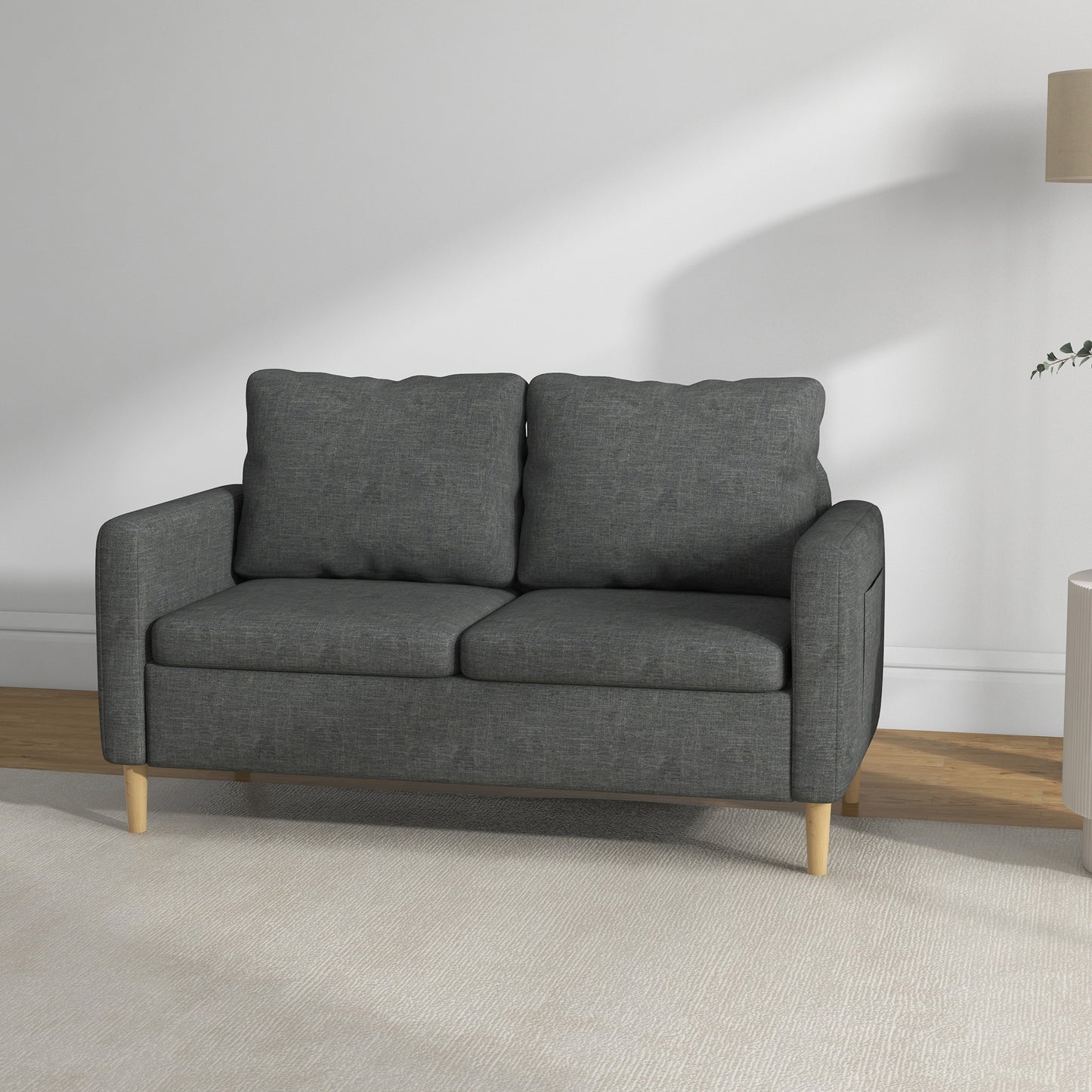 Bankstel – 2-Zitsbank – Zitbank – Sofa – Loveseat – Scandinavisch Design – Grijze Linnenlook Stof – Met Opbergvakjes Armleuningen – Massief Beukenhouten Poten
