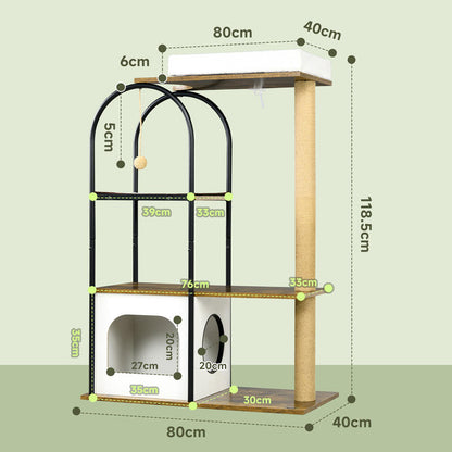 4-in-1 Modern Tree Tower with Sisal Scratching Post, Multi-Level Platforms, Play Ball Run, Spring-Loaded Activity Center, Sturdy Oak Construction & White/Black Design - 80x40x118.5cm Tall Climbing Frame with Hanging Bed, Spac