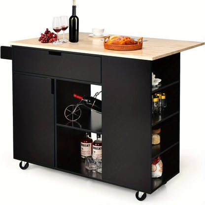 Keukentrolley – Serveerwagen – Keukenwagen – Opbergwagen – Werktafel – Vouwblad 124x76 cm – Stevige MDF en rubberwood constructie – 5 Zwenkwielen met Remmen – Compact en Mobiel – Zwart