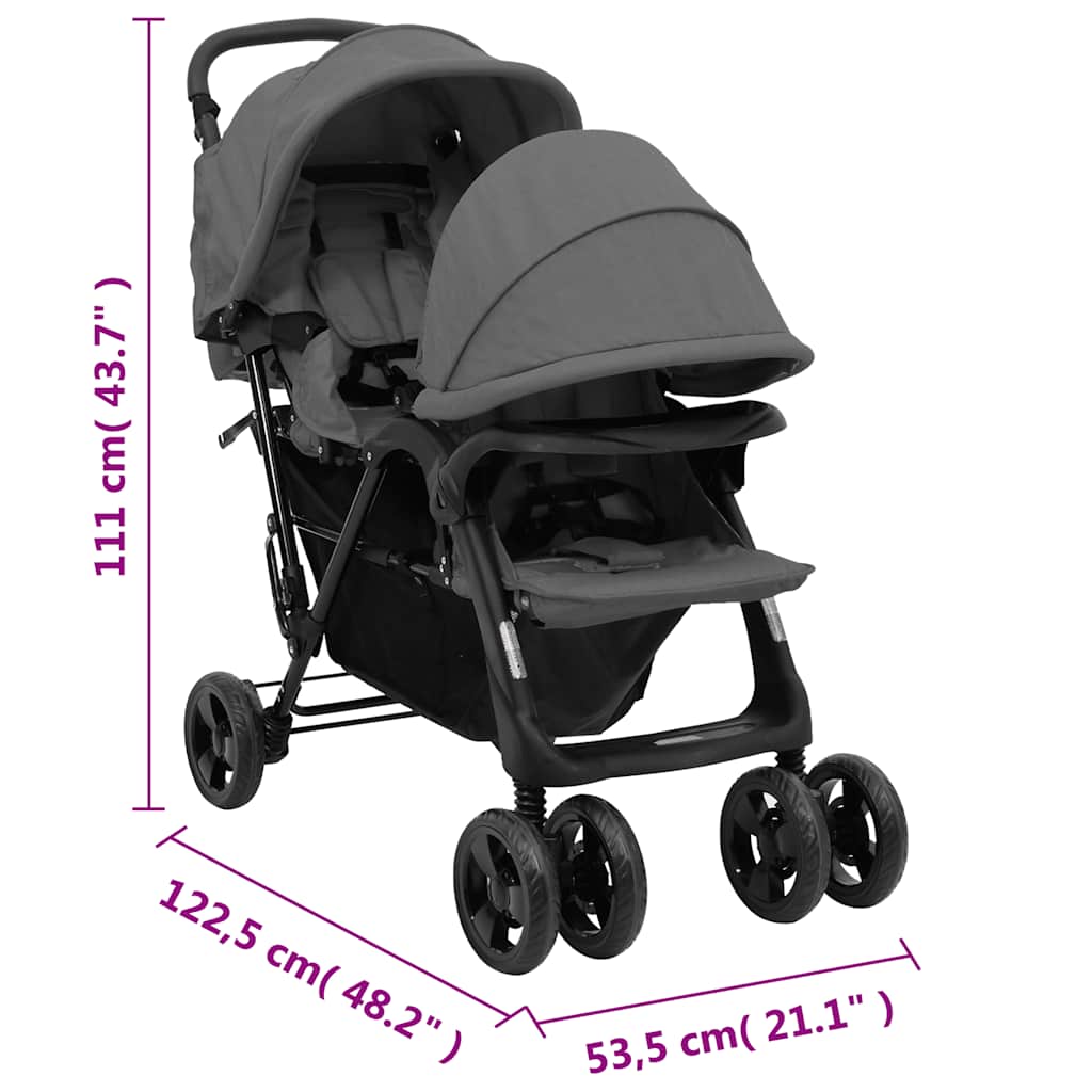 Tandem Kinderwagen – Dubbele Buggy – Dubbele Kinderwagen – Tandem Buggy – Kinderwagen Voor Twee – Stevig Stalen Frame – Verstelbare UV Zonnekappen – Donkergrijs
