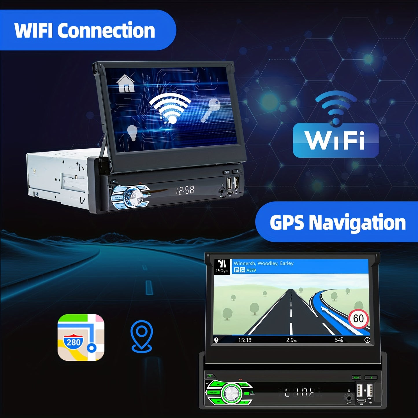 Autoradio 7 Inch – Android Auto – DAB+ Radio – Touchscreen Autoradio – Multimedia Systeem – Met Achteruitrijcamera & Microfoon – Android 15 Systeem – Uitschuifbaar IPS Scherm