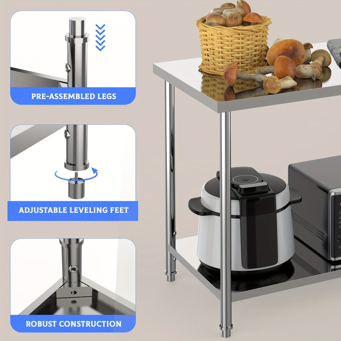 Heavy-Duty Commercial/Residential Stainless Steel Table 91.44cm x 60.96cm 2-Tier Prep Work Table with Adjustable Undershelf & Pre-Assembled Feet - Easy Assembly Large Service Table for Restaurant, Kitchen, Home, Garage - Dura