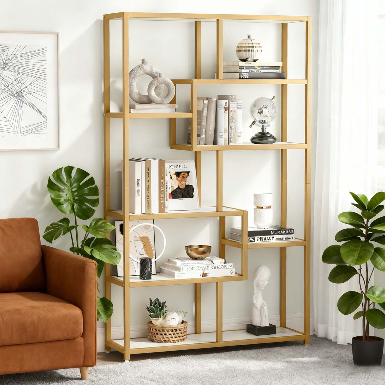 Boekenkast – Boekplank – Openkast – Vakkenkast – Wandrek – Wit Marmer/Goud – 8 Open Planken – Stevig Metalen Frame 180 cm