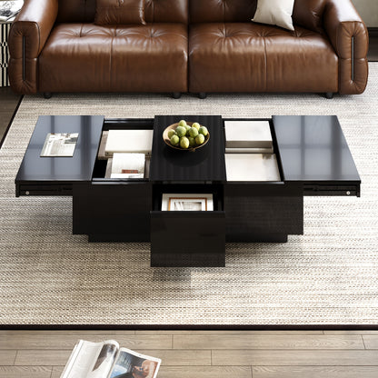 Modern High-Gloss Black Coffee Table with Drawers and Sliding Shelves | Rectangular Living Room Table with Ample Storage Space, Stylish Design, and Easy-to-Clean Surface