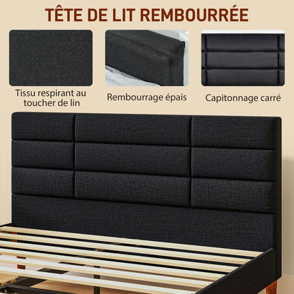Tweepersoons Bedframe – Bedframe Met Opbergruimte – Bedbodem – Stalen Bedframe – Slatted Bed – 140x200 cm – Verhoogde Onderbedruimte – Gestoffeerd Hoofdbord Zwart