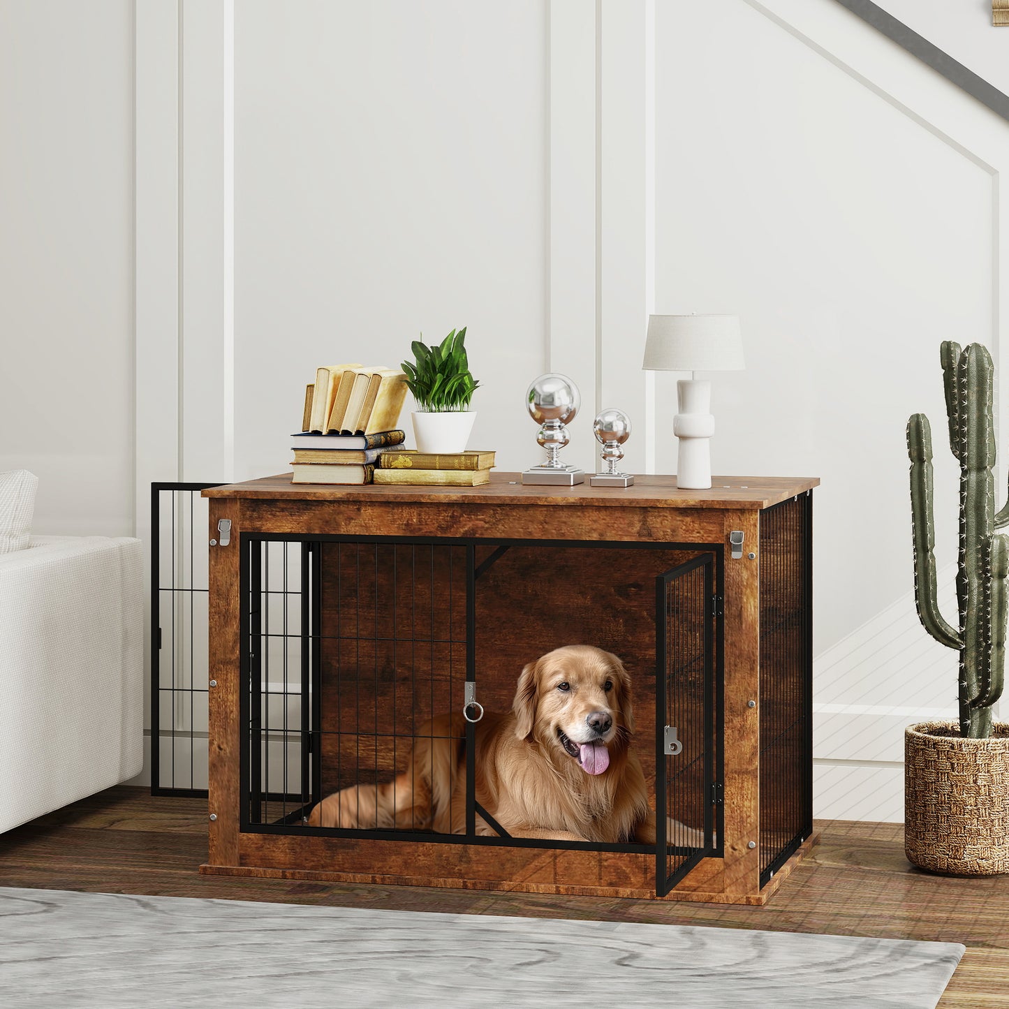 Hondenbench – Hondenkooi – Hondenhok – Reisbench – Dierenbench – 2 Sluitbare Deuren – Stevig Spaanplaat Metaal – 98 x 60 x 65,5 cm – Rustic Brown