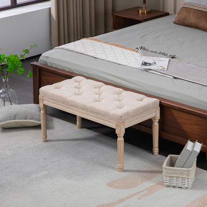 Vintage design bankje – zitbank – tuinbankje – krukje – halbankje – crèmekleur – button-tufted zitvlak – gedraaide houten poten