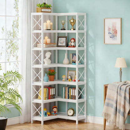Tall 7 Tier Corner Bookcase with Sturdy Metal Frame, Large Industrial Style Corner Bookshelf and Display Storage Rack for Living Room or Home Office, Clean White Finish