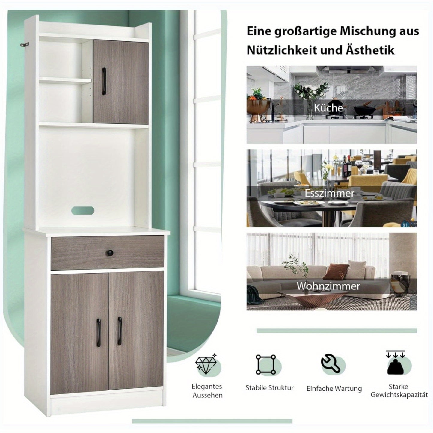 Keukenkast – Keukenbuffetkast – Keukenopbergkast – Keukenpantry – Keukenbuffet – Vrijstaand – Verstelbare Planken – Kabeldoorvoer – Wit – Grote Opbergruimte