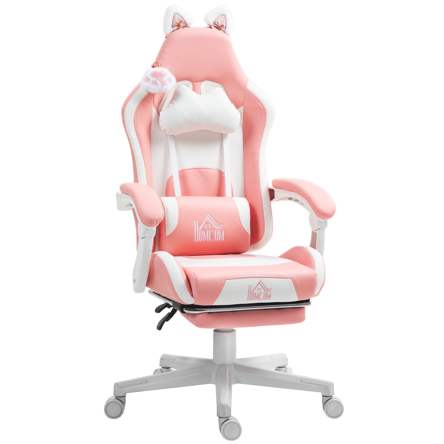 Gamingstoel – Gamestoel – Gaming Chair – Bureaustoel – Game Stoel – Ergonomisch Met Verstelbare Rugleuning – Inclusief Uitschuifbare Voetensteun – Roze Met Kattenoren