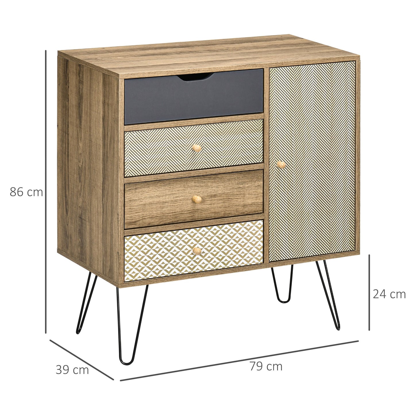 Bohemian Style HOMCOM 4-Drawer Dresser with 1 Cabinet - Hairpin Legs - Brown, 79 x 39 x 86 cm