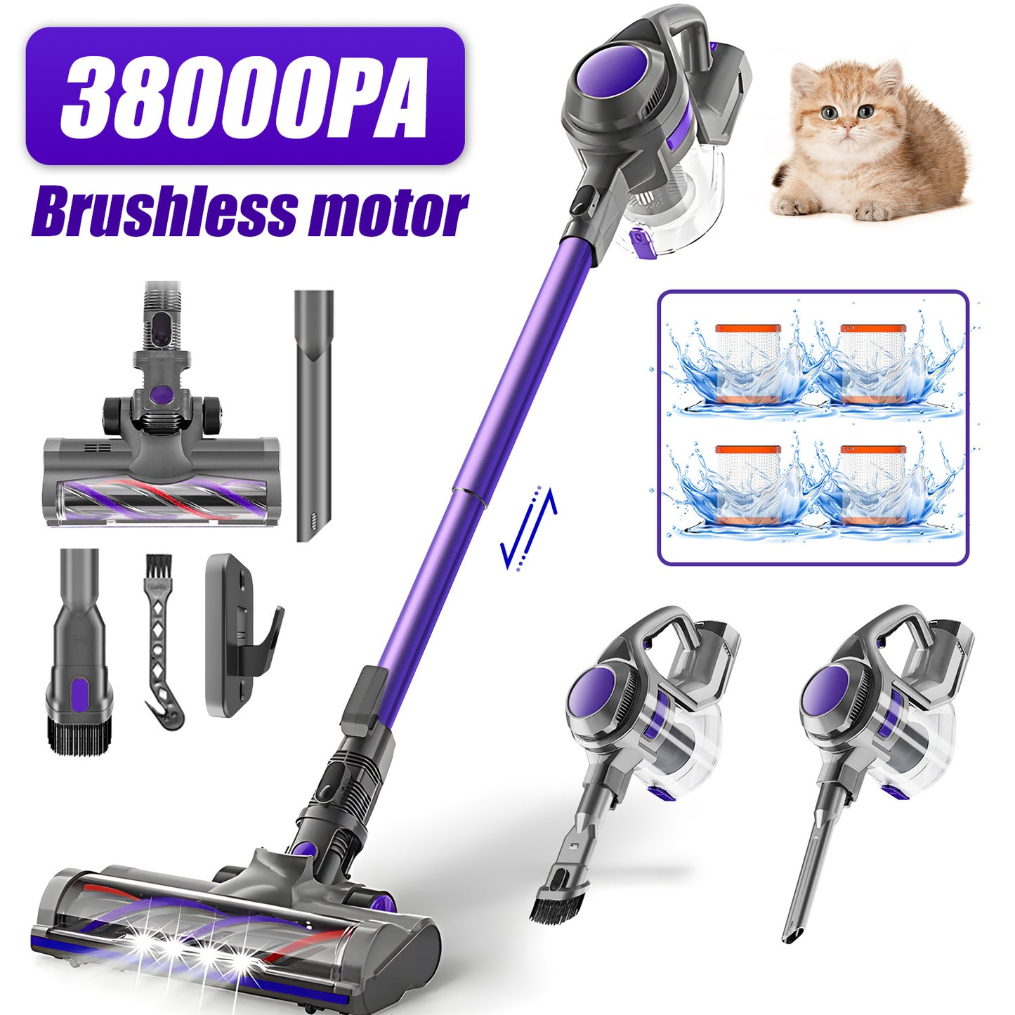 Wireless Vacuum Cleaner, 38000Pa Suction Power – 50 Minutes Runtime – 5-in-1 HEPA Filter System – 1.6L Large Dustbin – Pet-Friendly Anti-Tangle Brush – Suitable for Floors, Carpets, and Cars