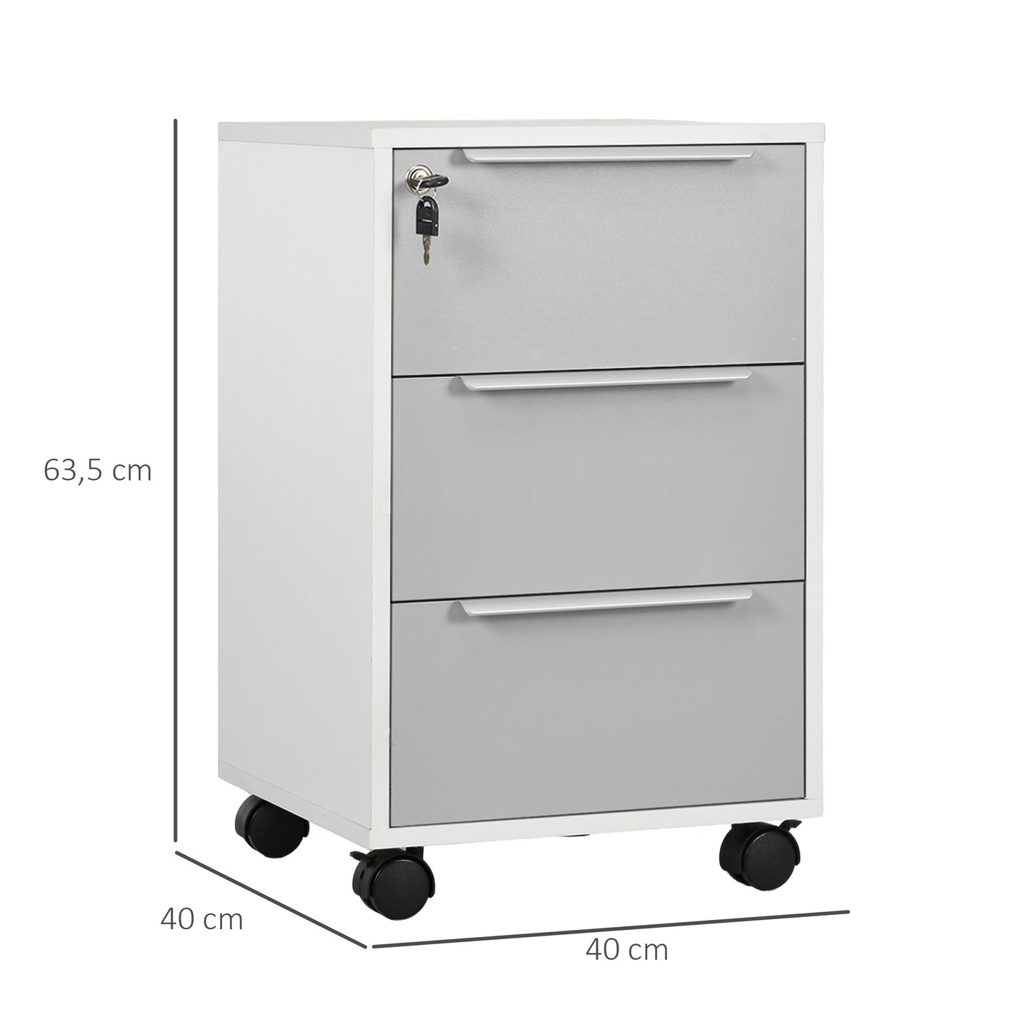 Ladeblok – Ladekast – Archiefkast – Rolcontainer – Ladekast Op Wieltjes – 3 Laden Met Slot – MDF Wit & Grijs – Mobiele Opbergruimte 40x40x63,5 cm