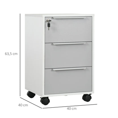 Ladeblok – Ladekast – Archiefkast – Rolcontainer – Ladekast Op Wieltjes – 3 Laden Met Slot – MDF Wit & Grijs – Mobiele Opbergruimte 40x40x63,5 cm